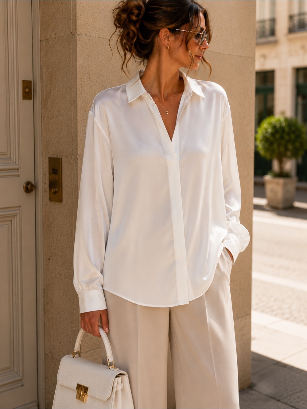 a new day White Satin Button-Up Blouse